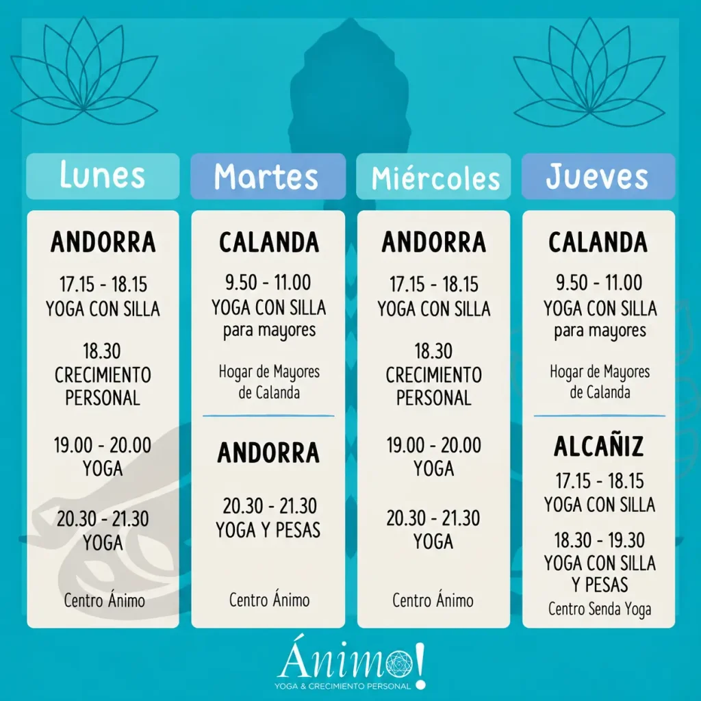 Horarios de clases de yoga en Andorra, Alcañiz y Calanda, Teruel, de lunes a jueves